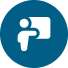 Person presenting at board, blue circular icon.