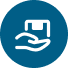 Hand holding package icon on blue background.