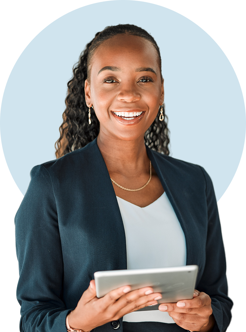 Smiling woman holding a tablet, business attire.